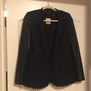 Rebecca Taylor Navy Blazer Faux Leather Sleeves